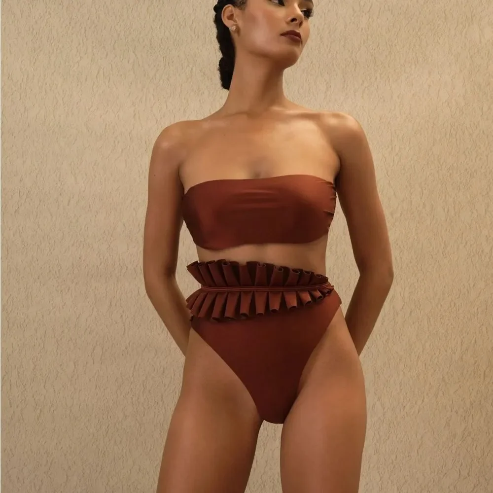 NWT Andrea lyamah 2 Piece LIVA Bikini in Chocolate Size Medium asymmetric ruffle